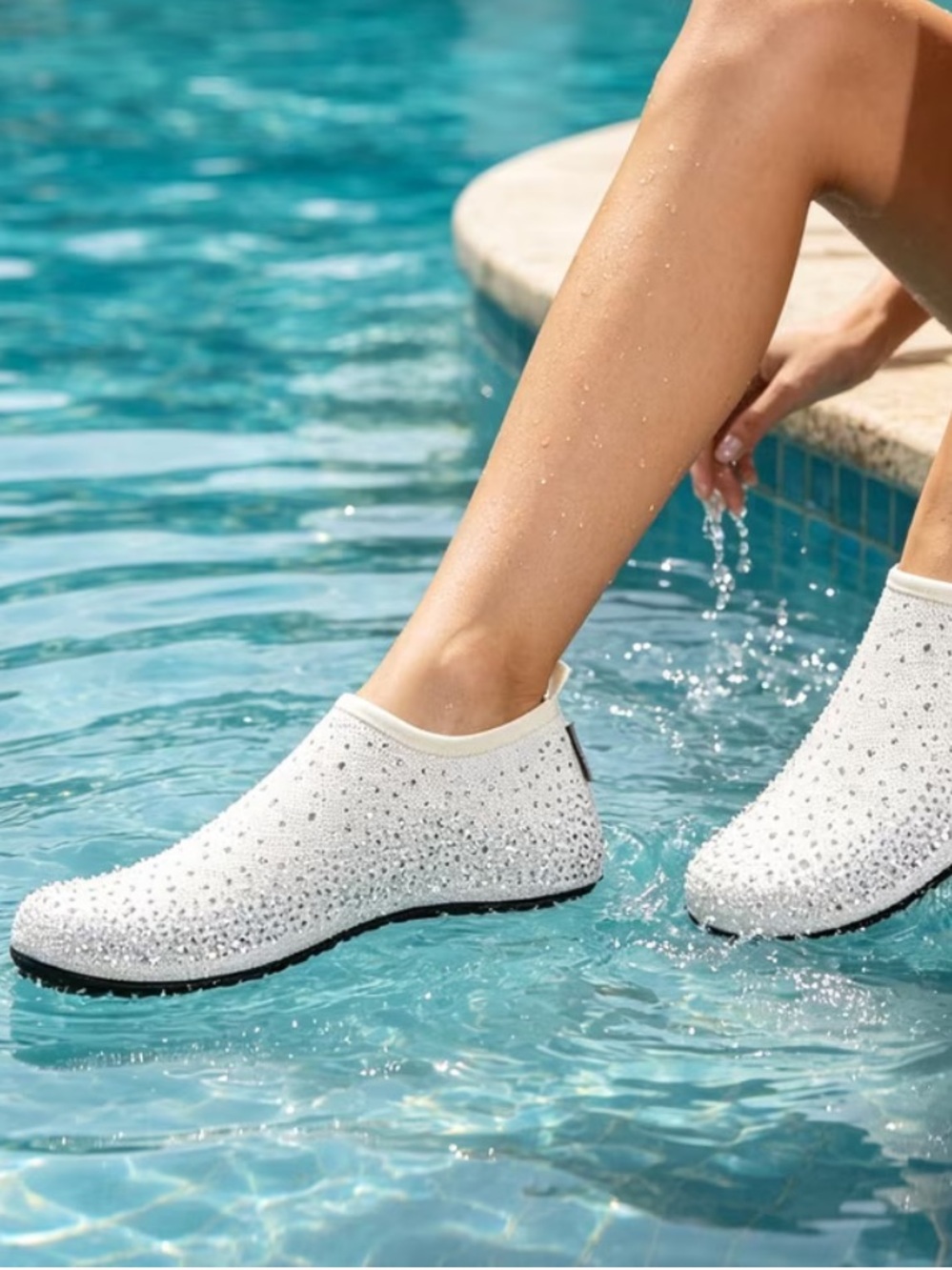 White Slip-On Rhinestone Embellishment Water Beach Shoes NIB